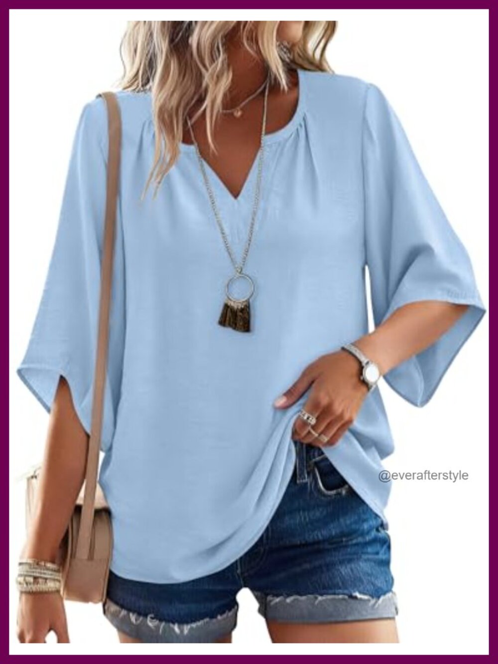 Boho 3/4 Sleeve V Neck Tunic Top Loose Fit Peasant Blouse